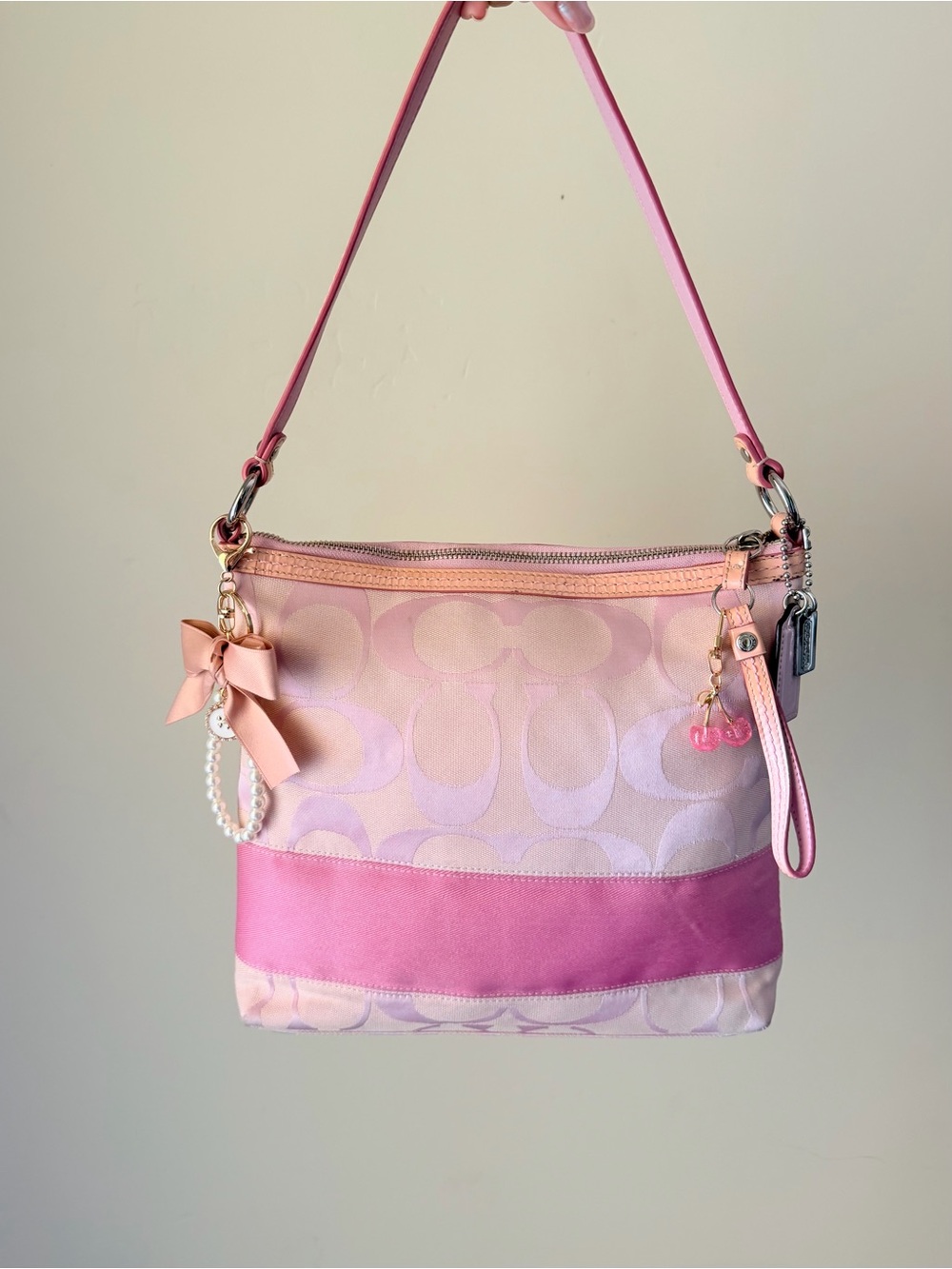 Coach pink signature jacquard and stripe shoulder bag